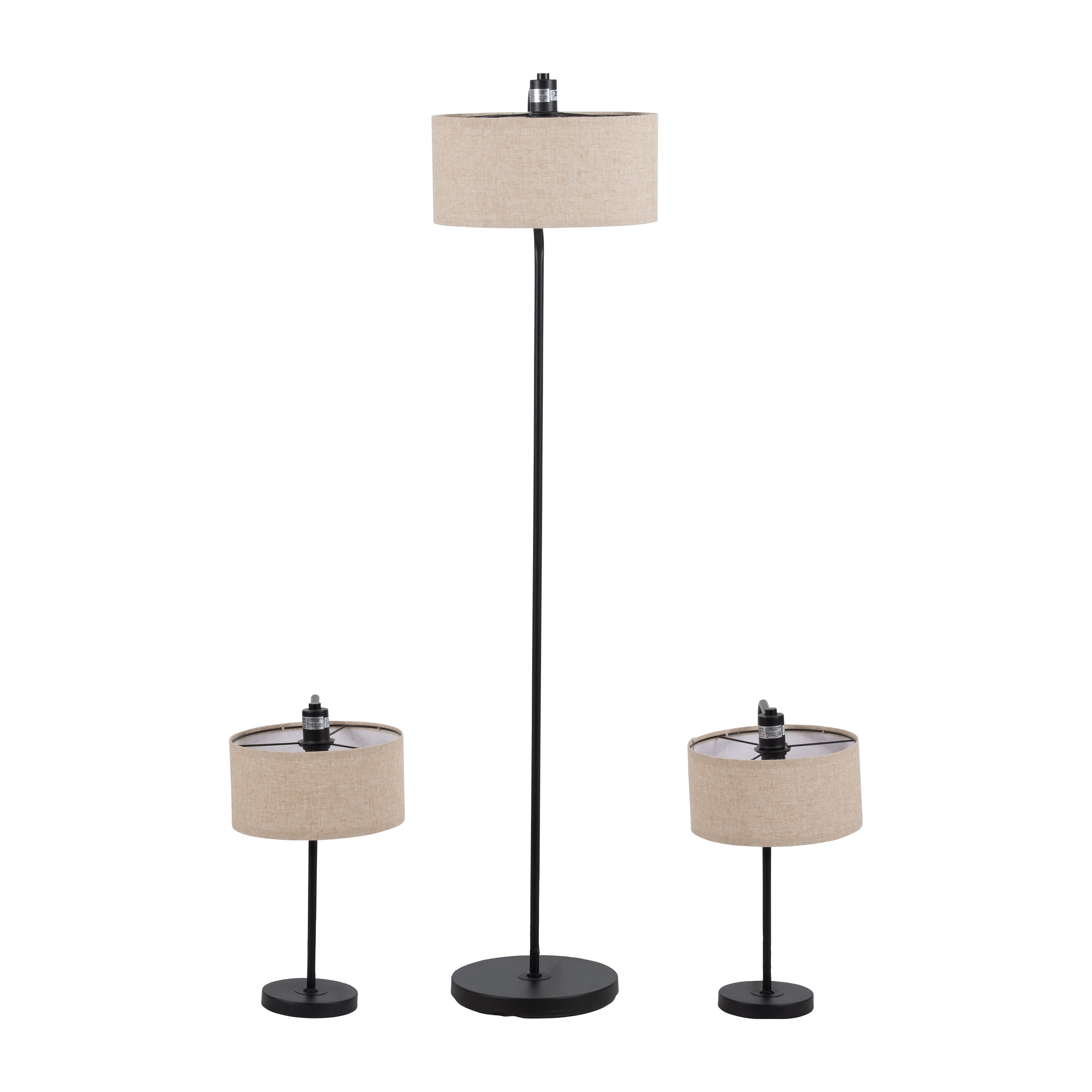 Hokku Designs Modern Neutral Set of 3 Metal Floor and Table Lamps, Linen Shades, Black - 14" x ...